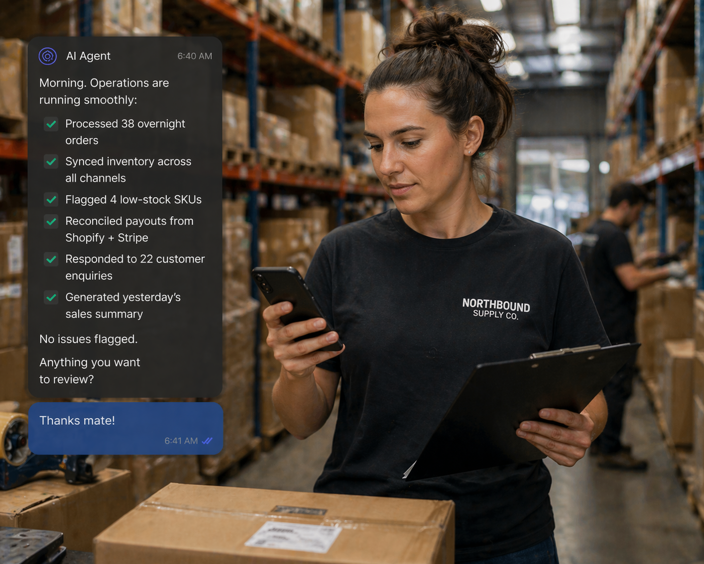 An ops lead on the warehouse floor reviews her morning rundown — 38 overnight orders processed, inventory synced, payouts reconciled.