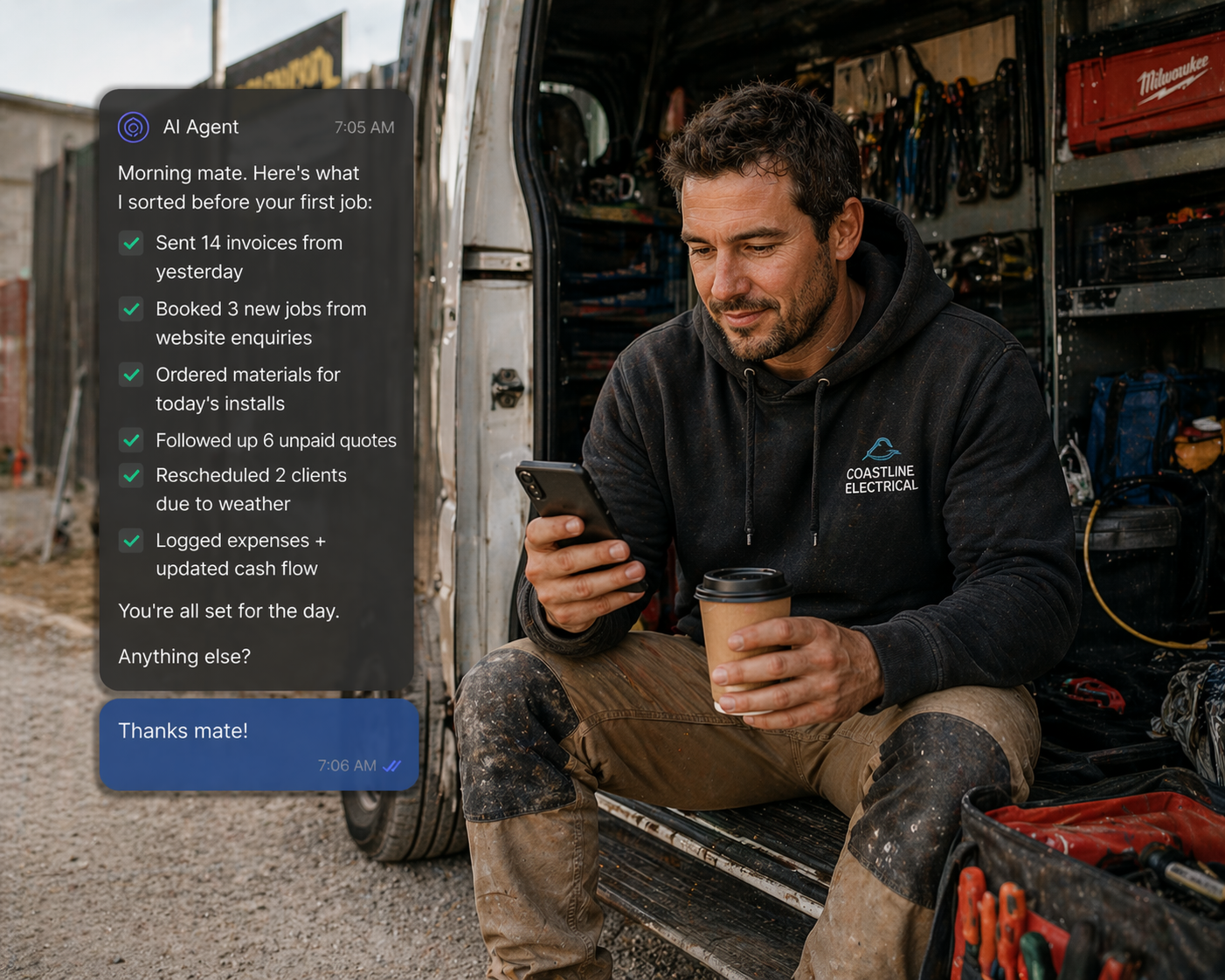 A sparkie on his tailgate with a coffee reads the overnight rundown — invoices out, jobs booked, materials ordered, quotes chased.